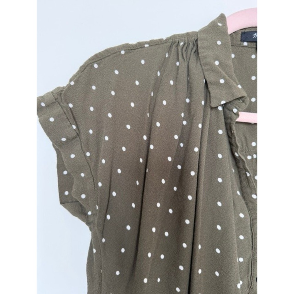 Madewell Olive Green Polka Dot Blouse | Draped Henley Top | Size XS - Picture 4 of 10